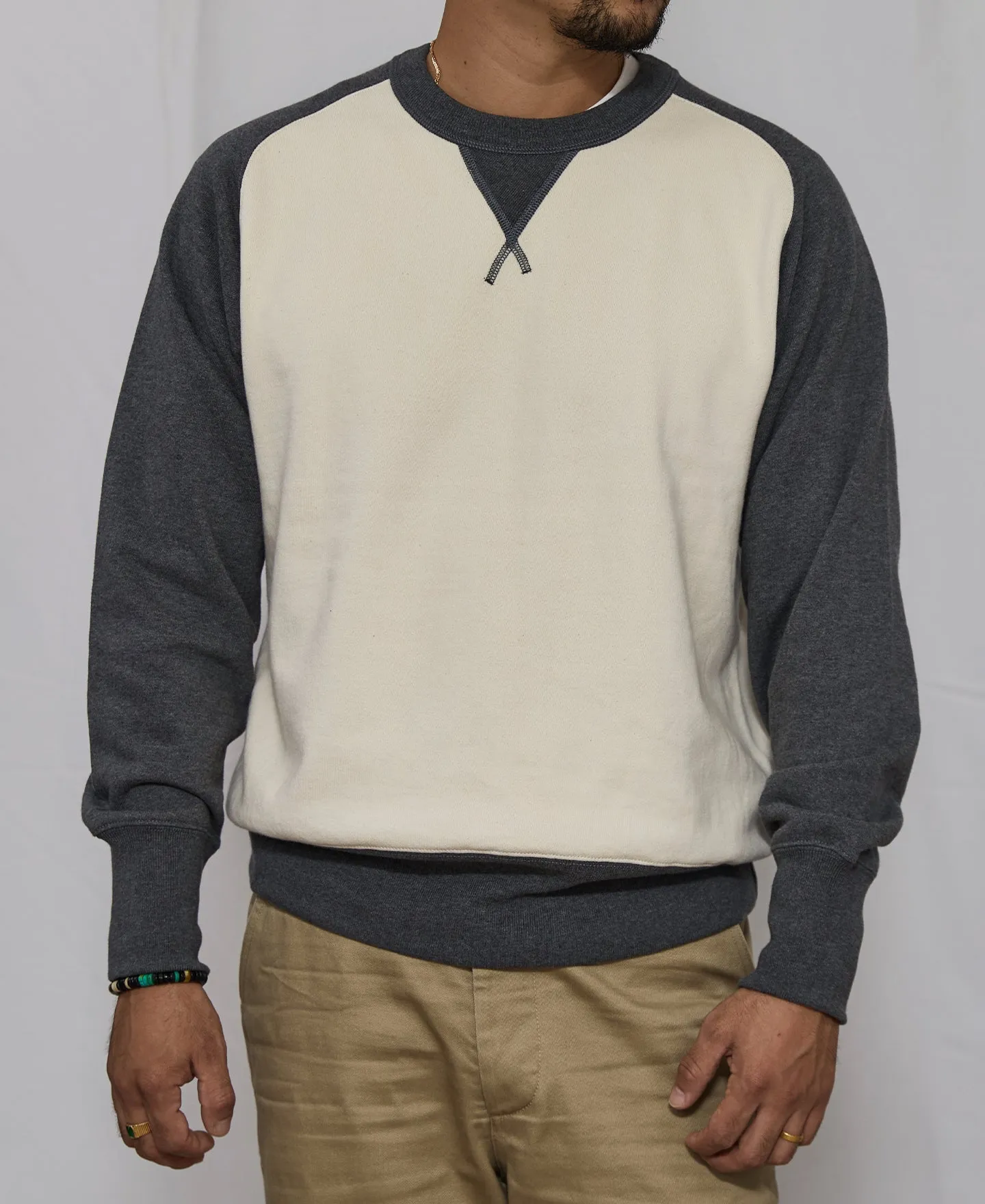 14 oz Contrast-Tipped Loopwheel Crewneck Sweatshirt - Gray/Apricot