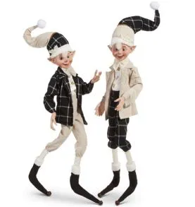 30" Black & Cream Plaid Poseable Elf Set of 2