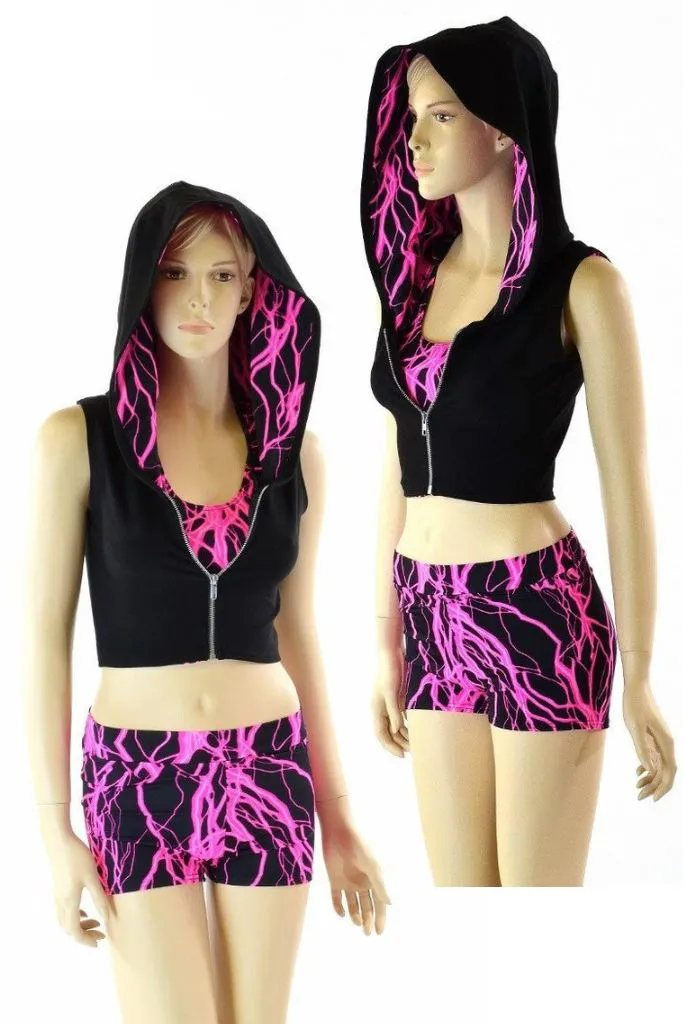 3PC Pink Lightning Hoodie, Crop and Shorts Set