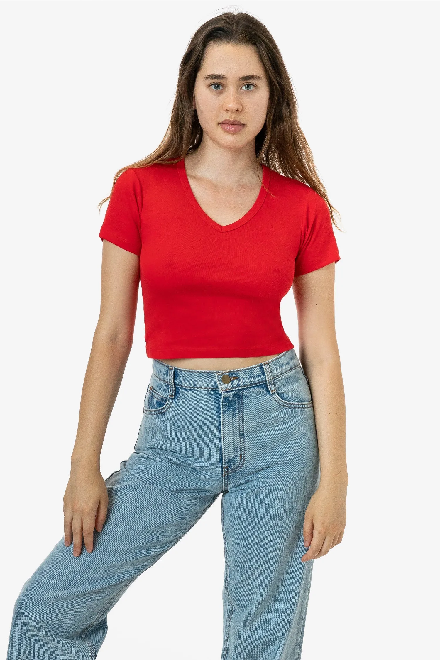 4356 - Baby Rib Short Sleeve V-Neck Crop Tee