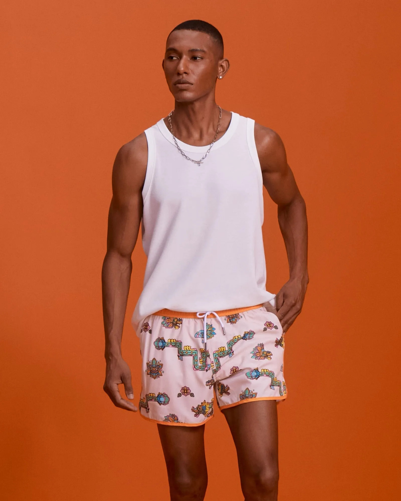 4.5 Inseam 2 in 1 Stretch Short Liner Apricot White Swim Shorts