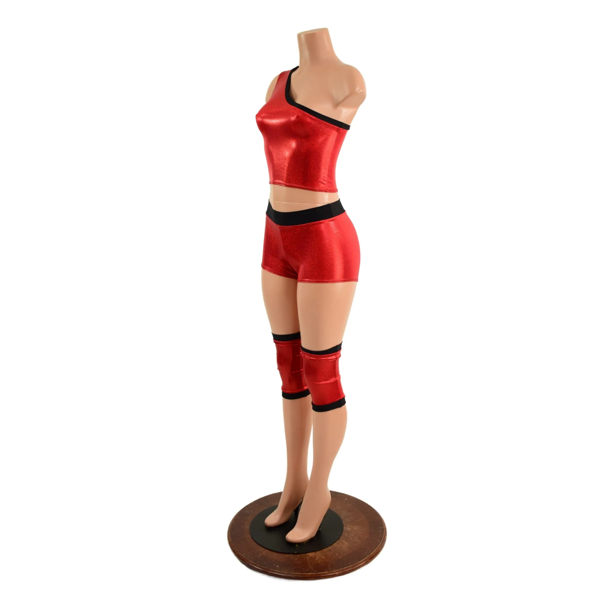 4PC Red and Black Wrestling Shorts, Crop Top and Knee Pad Covers Set