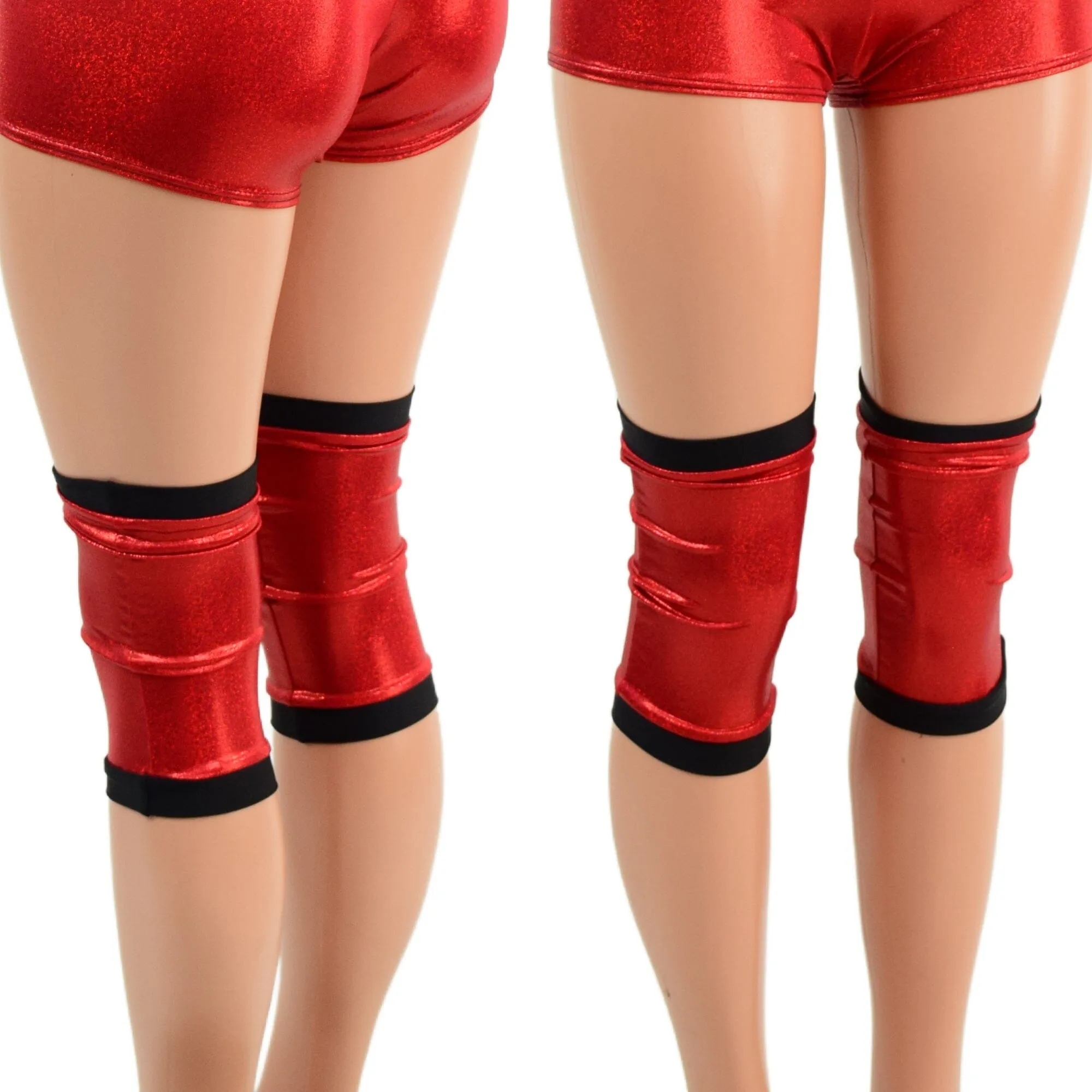 4PC Red and Black Wrestling Shorts, Crop Top and Knee Pad Covers Set