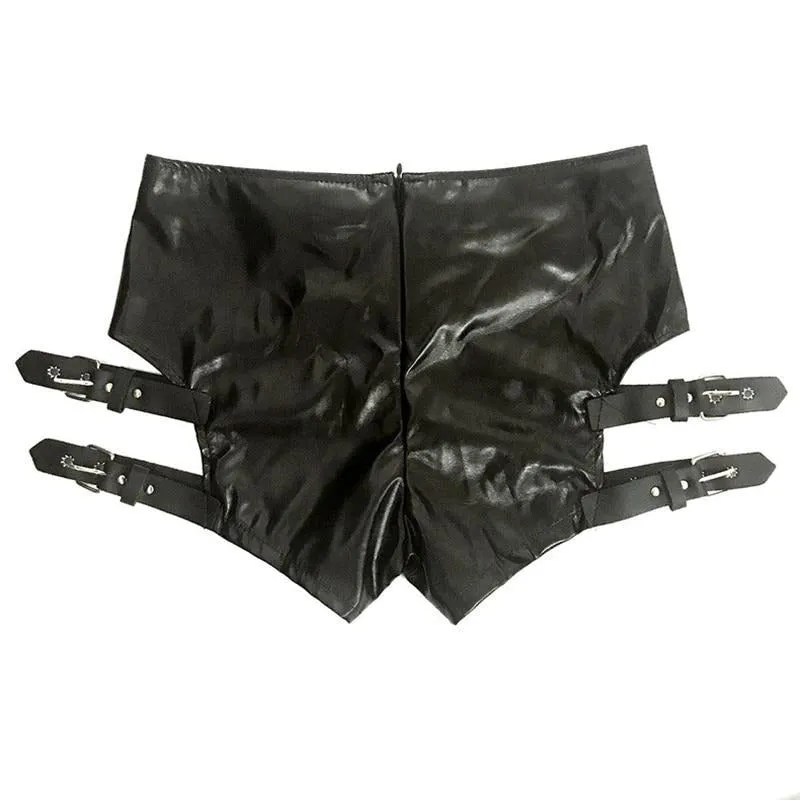 Alternative 'Brimstone' Black PU Fake Leather Goth Buckle Shorts