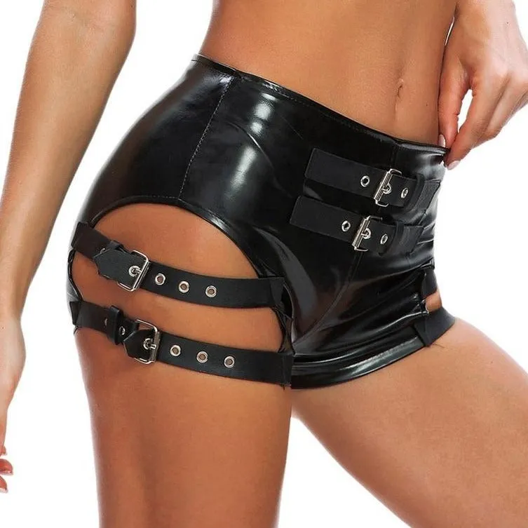 Alternative 'Brimstone' Black PU Fake Leather Goth Buckle Shorts