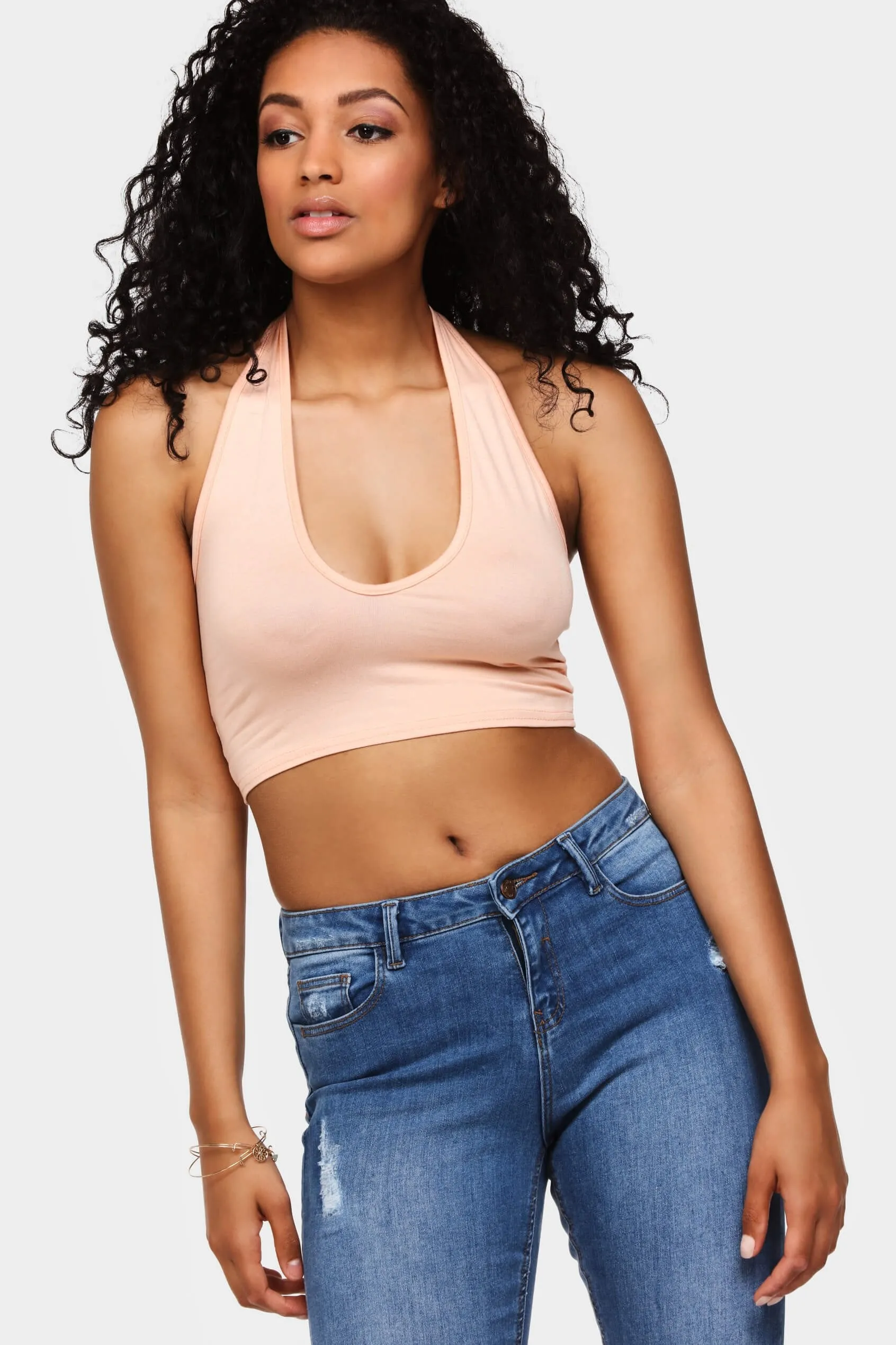 Apricot Deep V Halter Crop Top