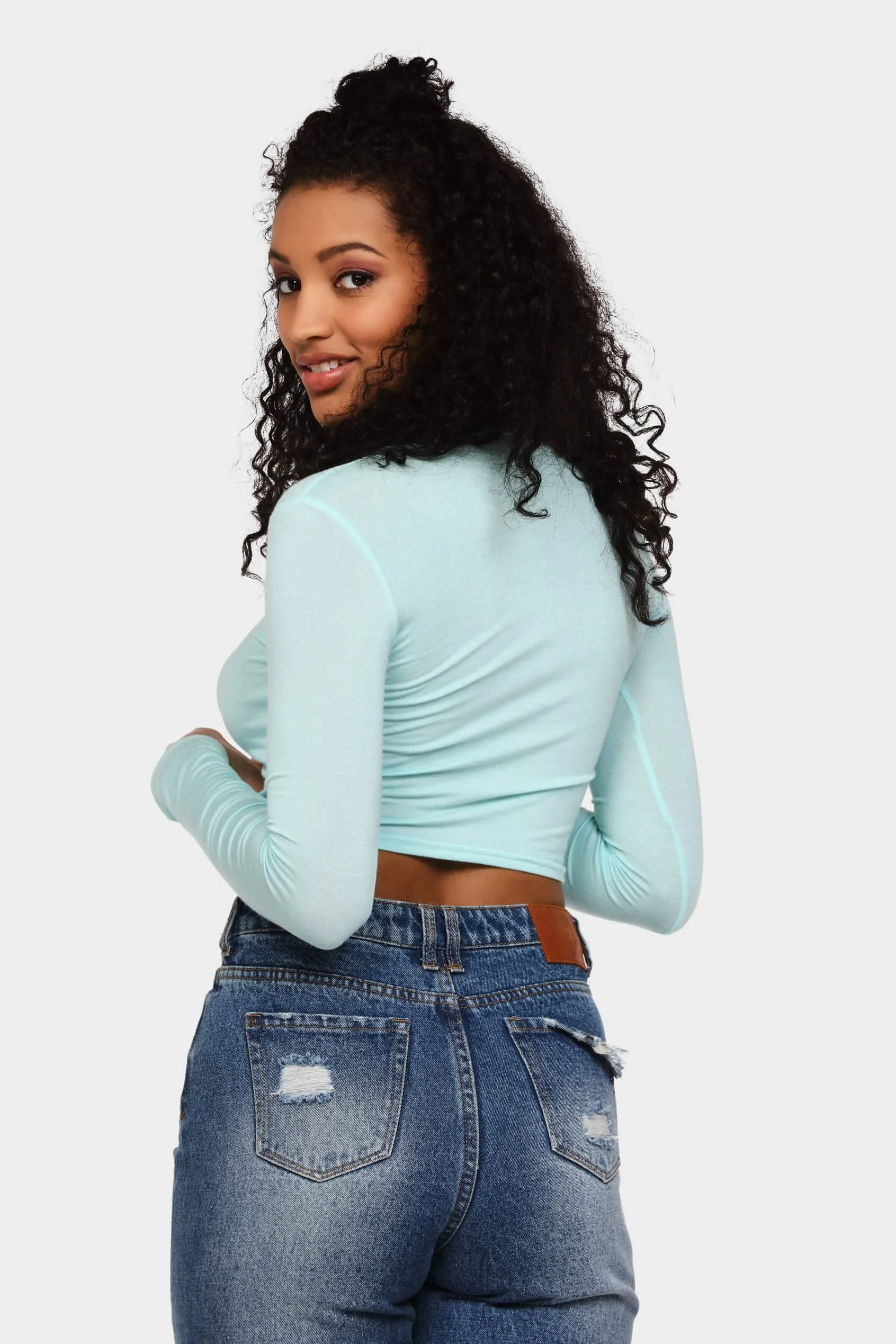 Aqua Long Sleeve Basic Crop Top