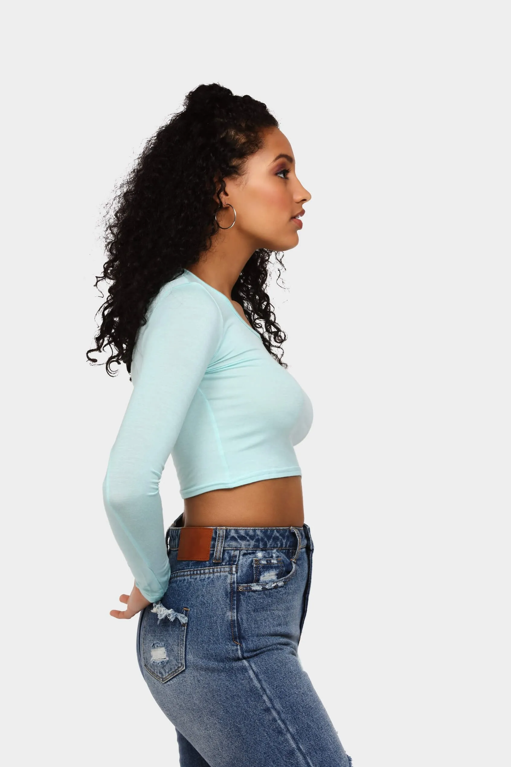 Aqua Long Sleeve Basic Crop Top