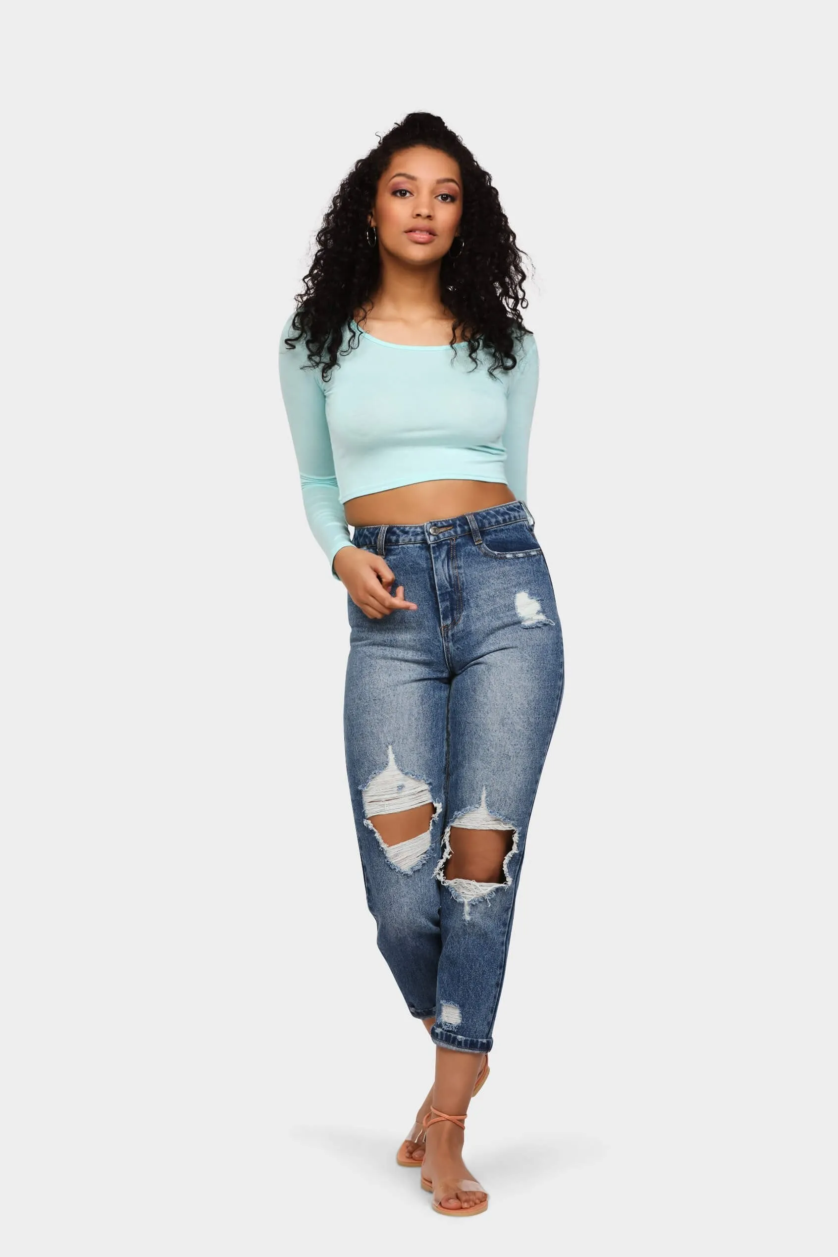 Aqua Long Sleeve Basic Crop Top