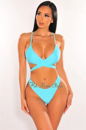 Aqua Padded Crochet Spaghetti Straps Wrap Around Bikini Top