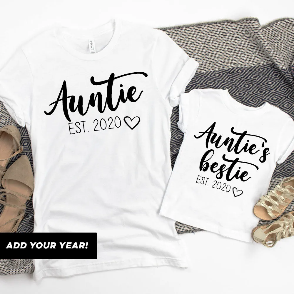 Auntie & Auntie's Bestie Bella Script Personalised White T-Shirts (MRK X)