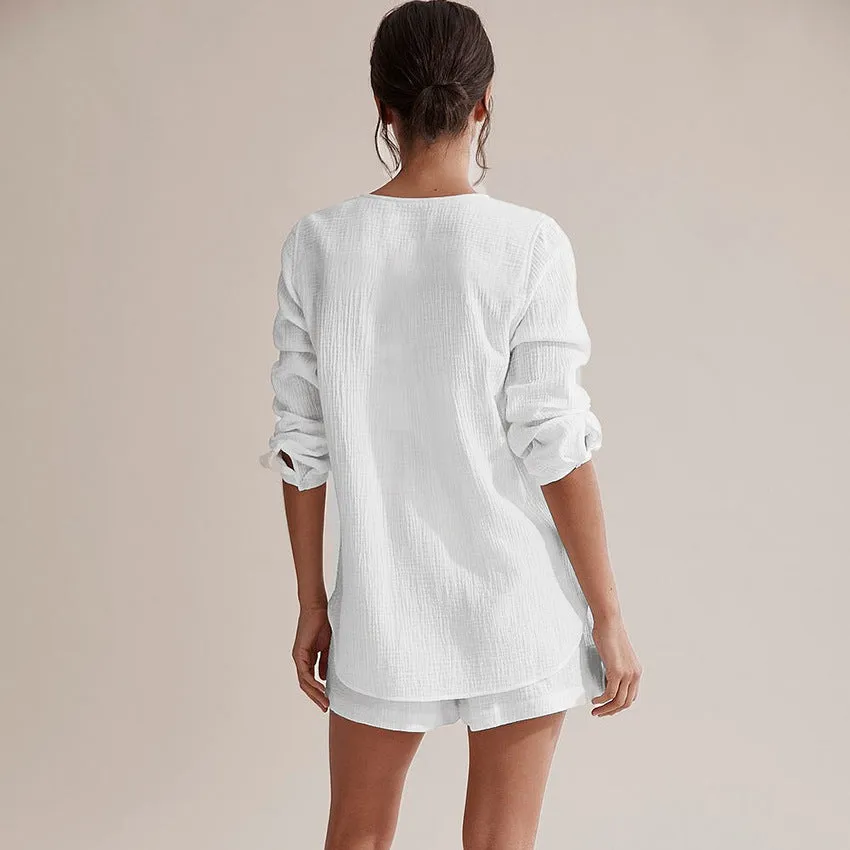 BerriesJam - 2024 White Double Gauze Long Sleeve Shorts Loungewear