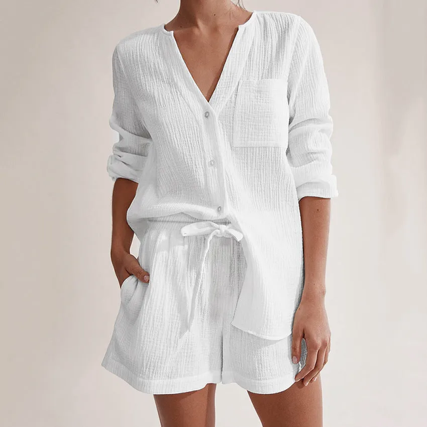 BerriesJam - 2024 White Double Gauze Long Sleeve Shorts Loungewear