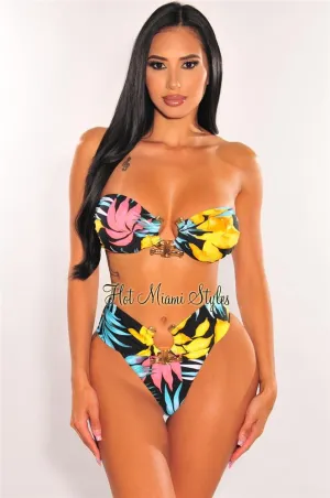 Black Floral Print Padded Bandeau Gold Ring High Cut Bikini Bottom