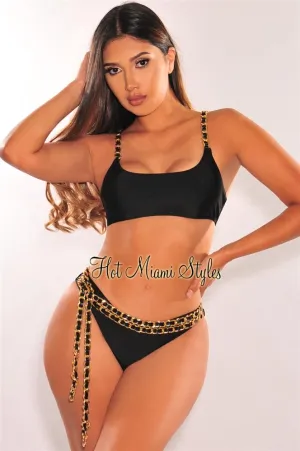 Black Gold Chain Straps Belted Scrunch Butt Bikini Top