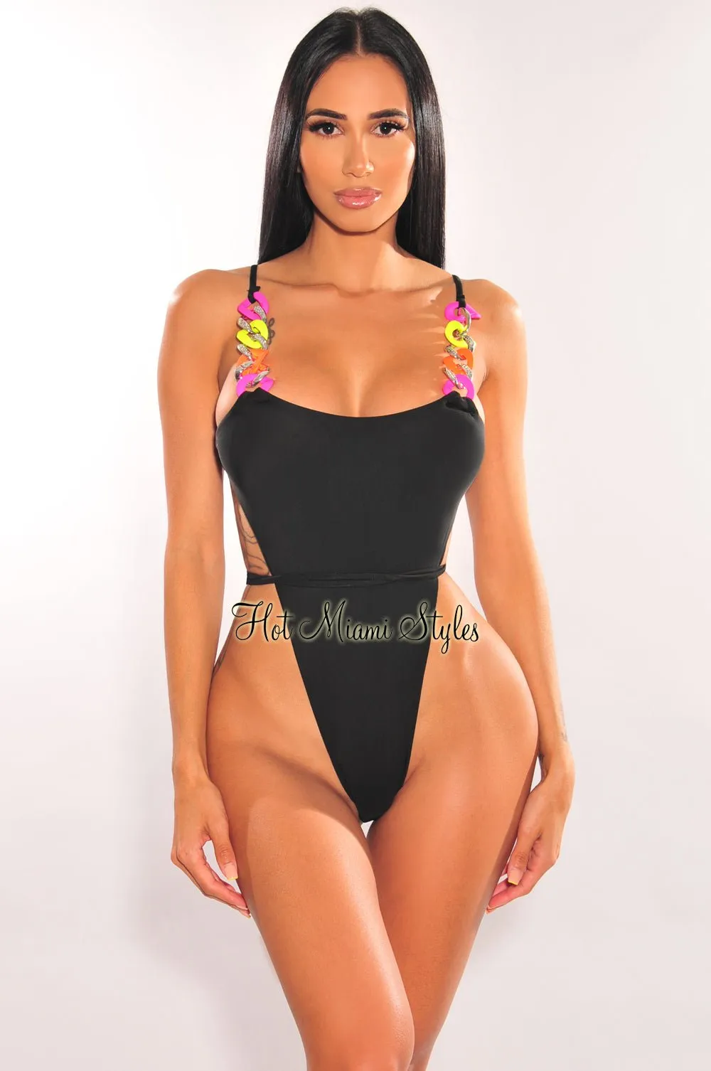 Black Multi Color Chain Ultra High Cut Swimsuit