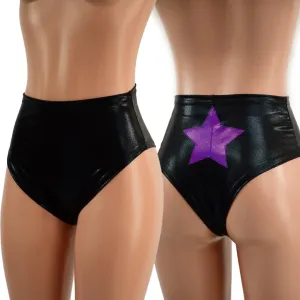 Black Mystique Brazilian Cut Siren Shorts with Grape Holo Star Applique