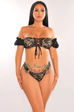 Black Nude Floral Lace Off Shoulder Strappy O-Ring Bikini Bottom