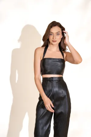 Black Pleated Leather Crop Top