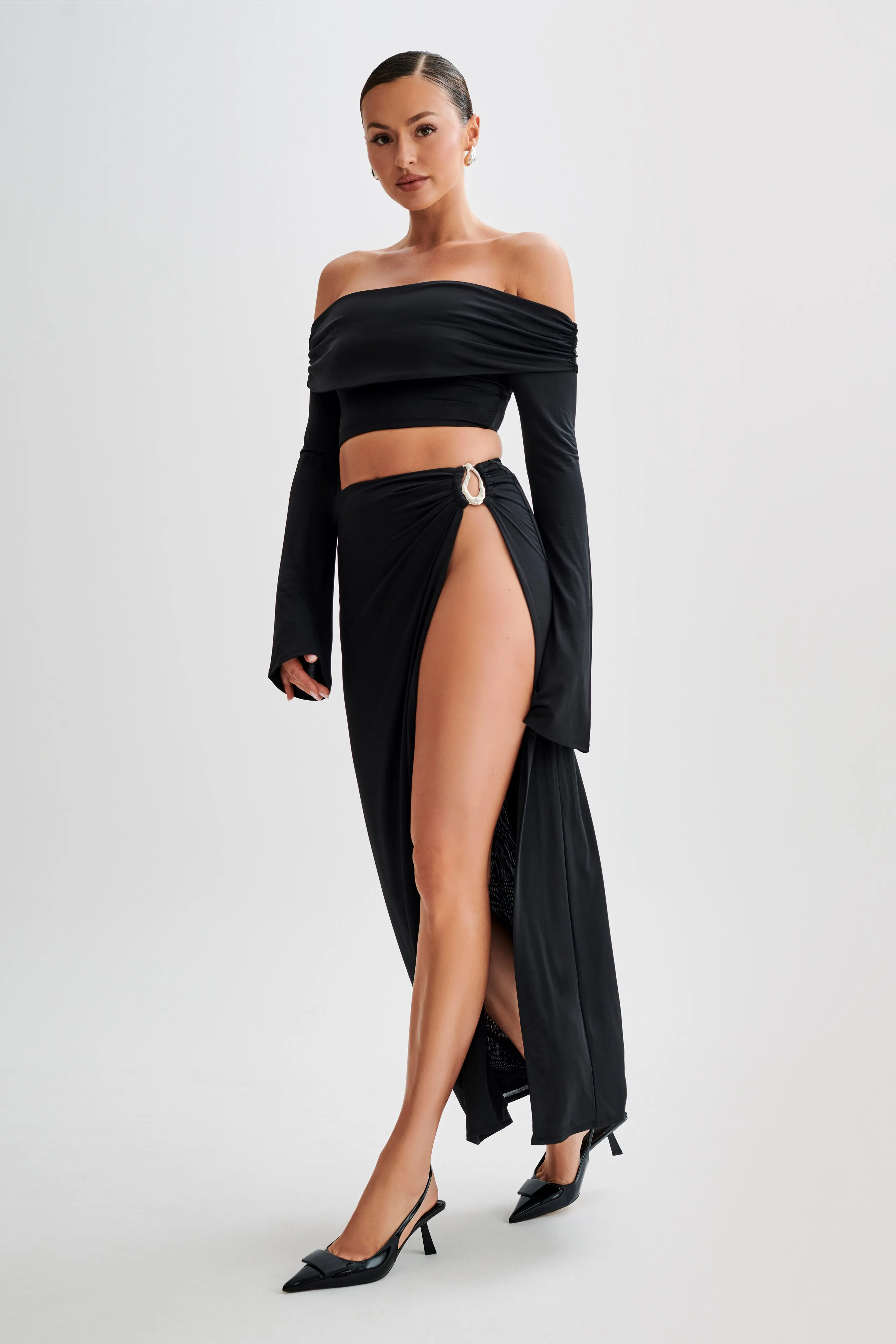 Camryn Slinky Off Shoulder Crop Top - Black