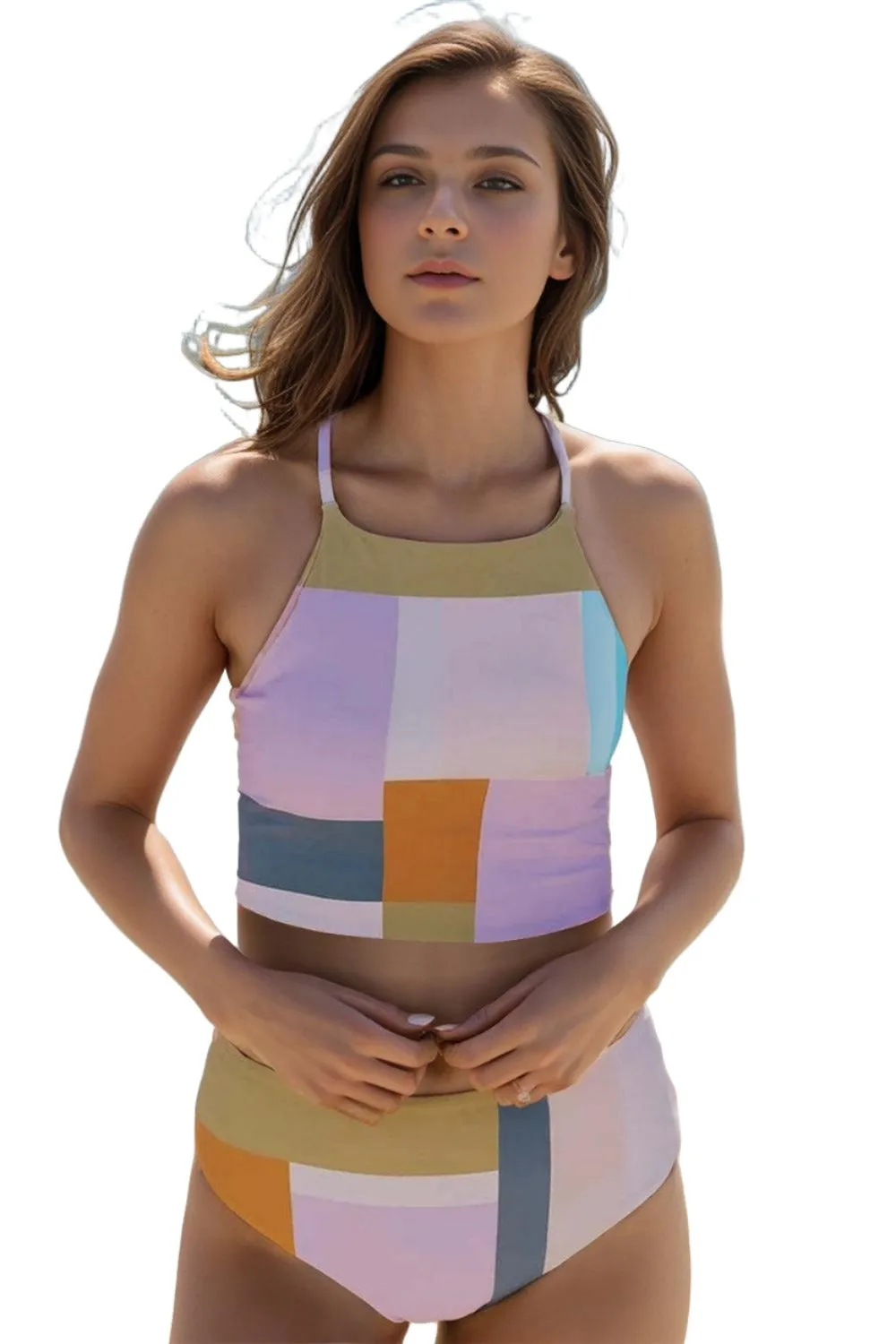 Color Block Spaghetti Strap Two-Piece Swim Set