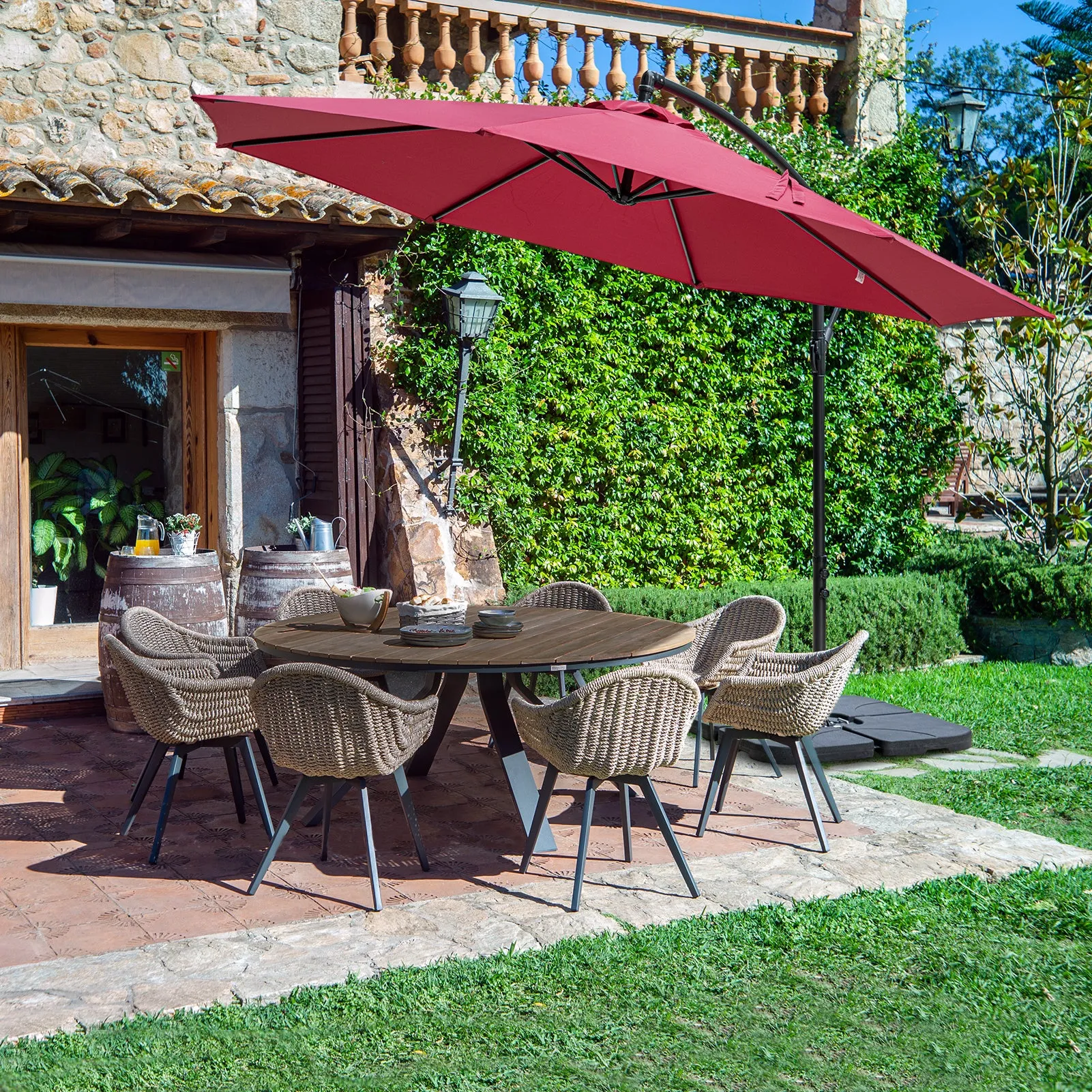 COOS BAY 10 ft Patio Offset Cantilever Umbrella Outdoor Hanging Market Umbrella with Easy Tilt, Crank & Cross Base for Garden, Beach, Deck and Pool, 8 Ribs