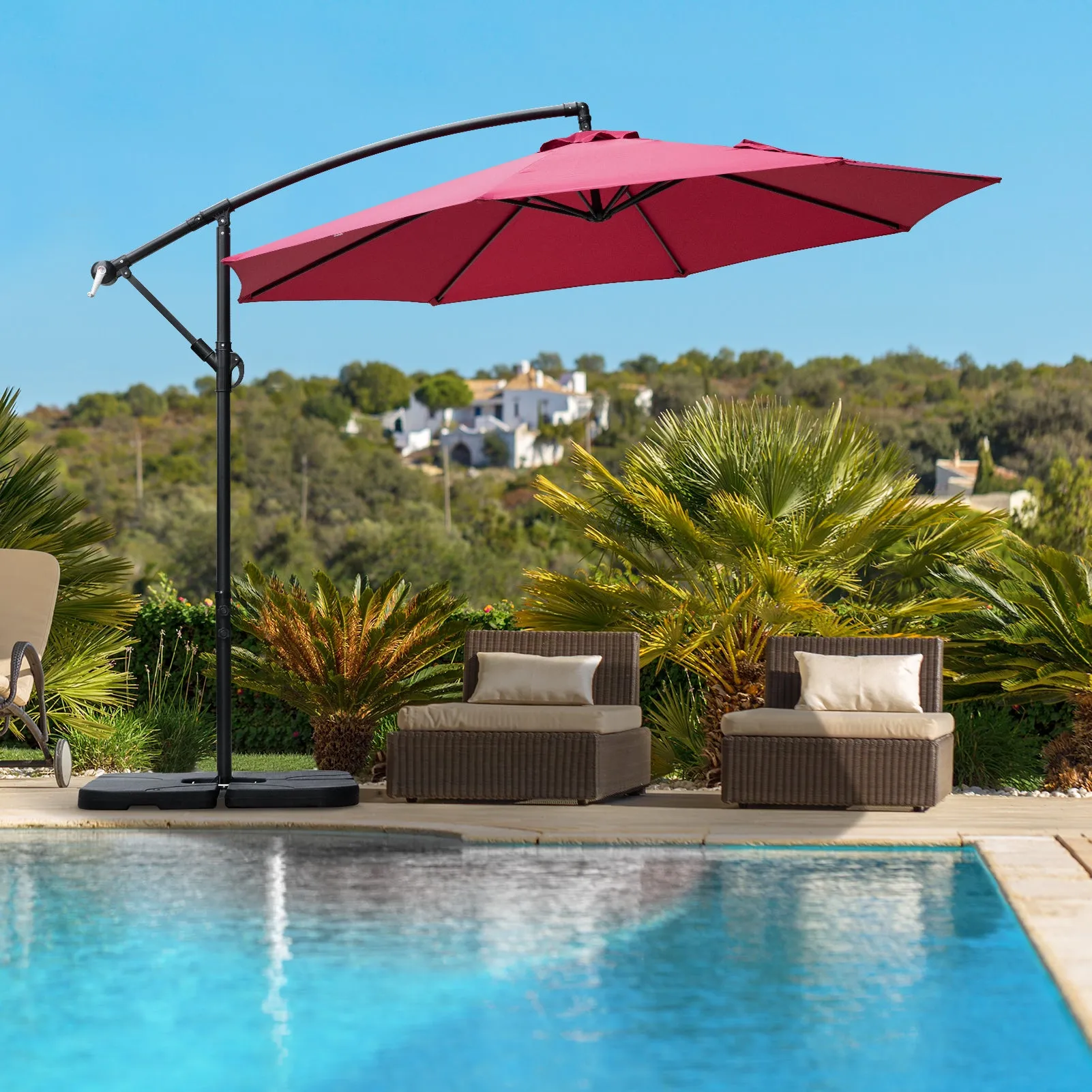 COOS BAY 10 ft Patio Offset Cantilever Umbrella Outdoor Hanging Market Umbrella with Easy Tilt, Crank & Cross Base for Garden, Beach, Deck and Pool, 8 Ribs