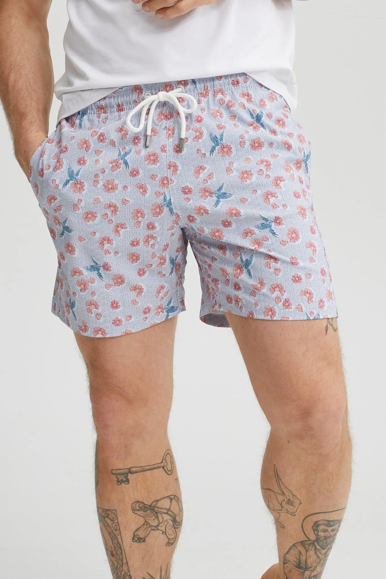 Coral Blue Hummingbird Print Swim Shorts