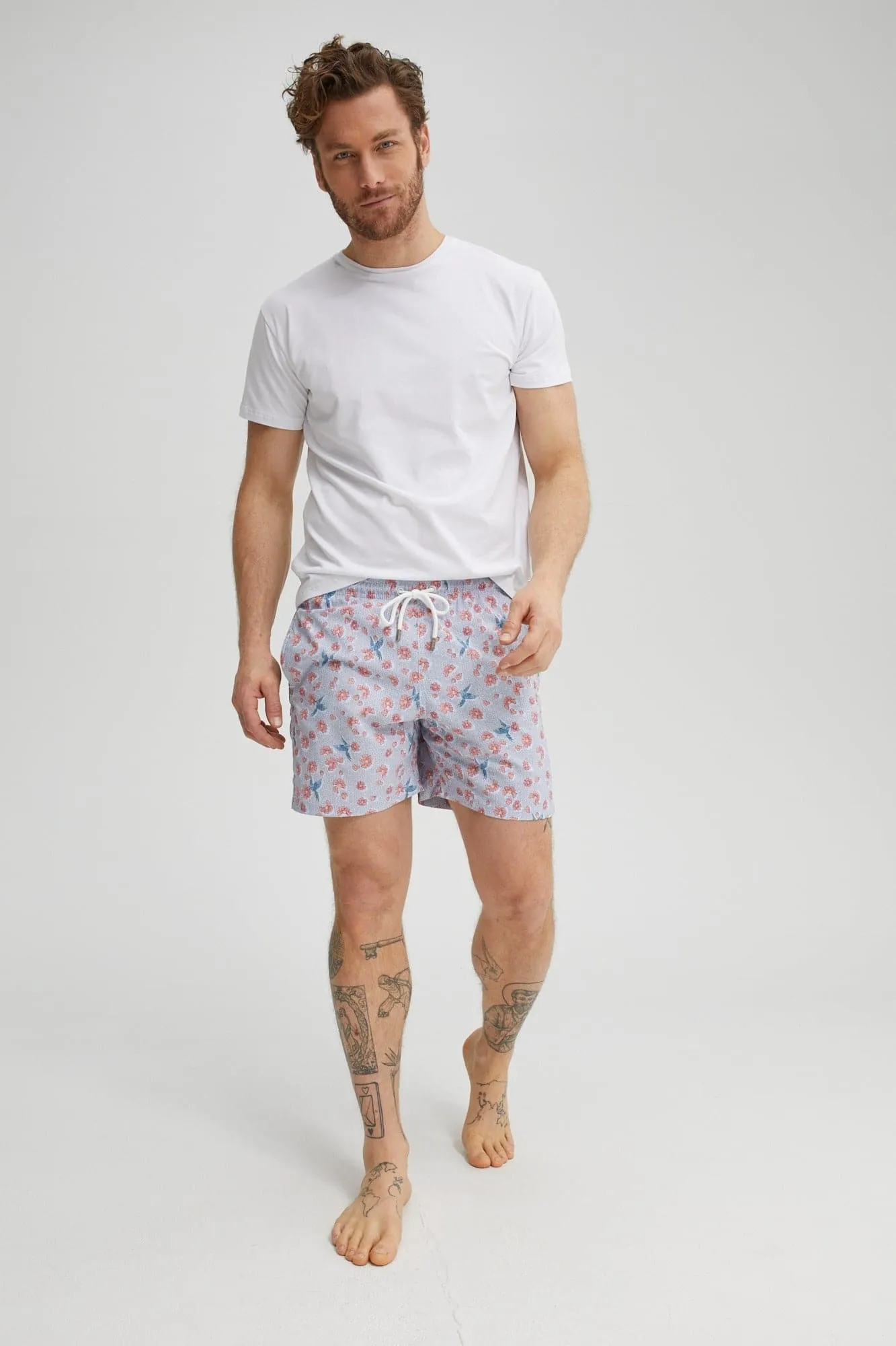 Coral Blue Hummingbird Print Swim Shorts