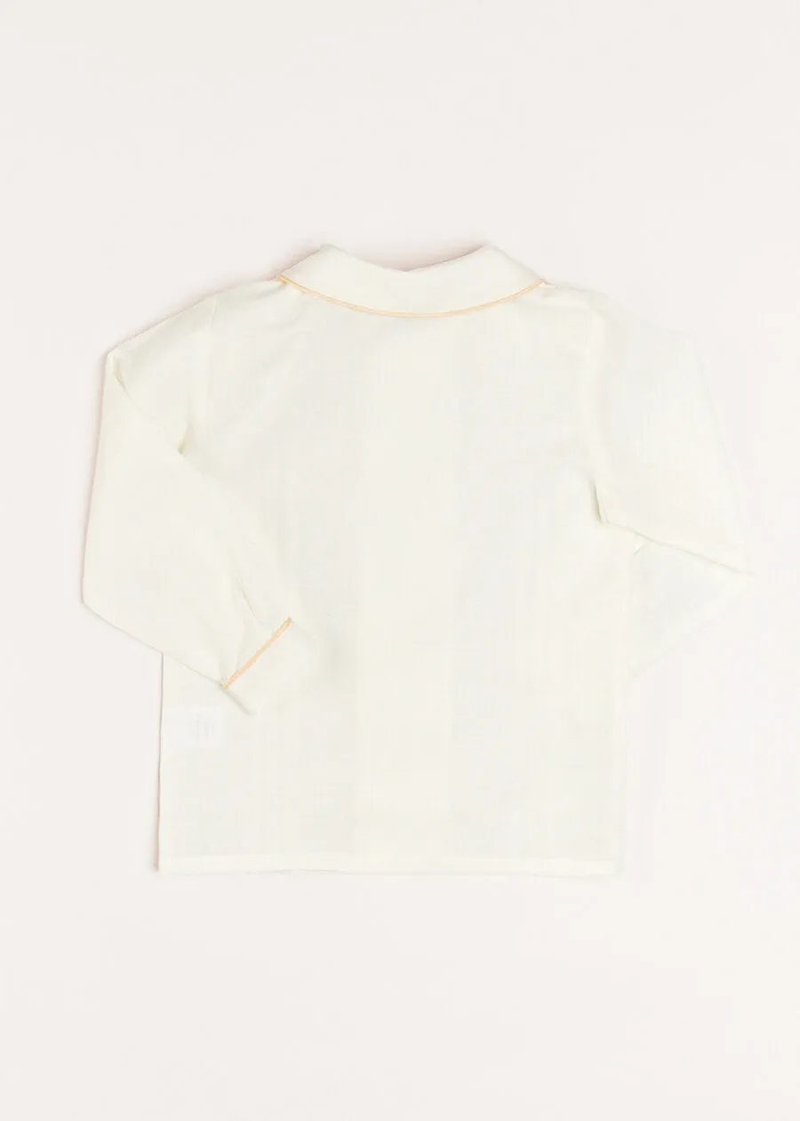 Double-Breasted Peter Pan Collar Long Sleeve Shirt with Beige Silk Piping (2-10yrs)