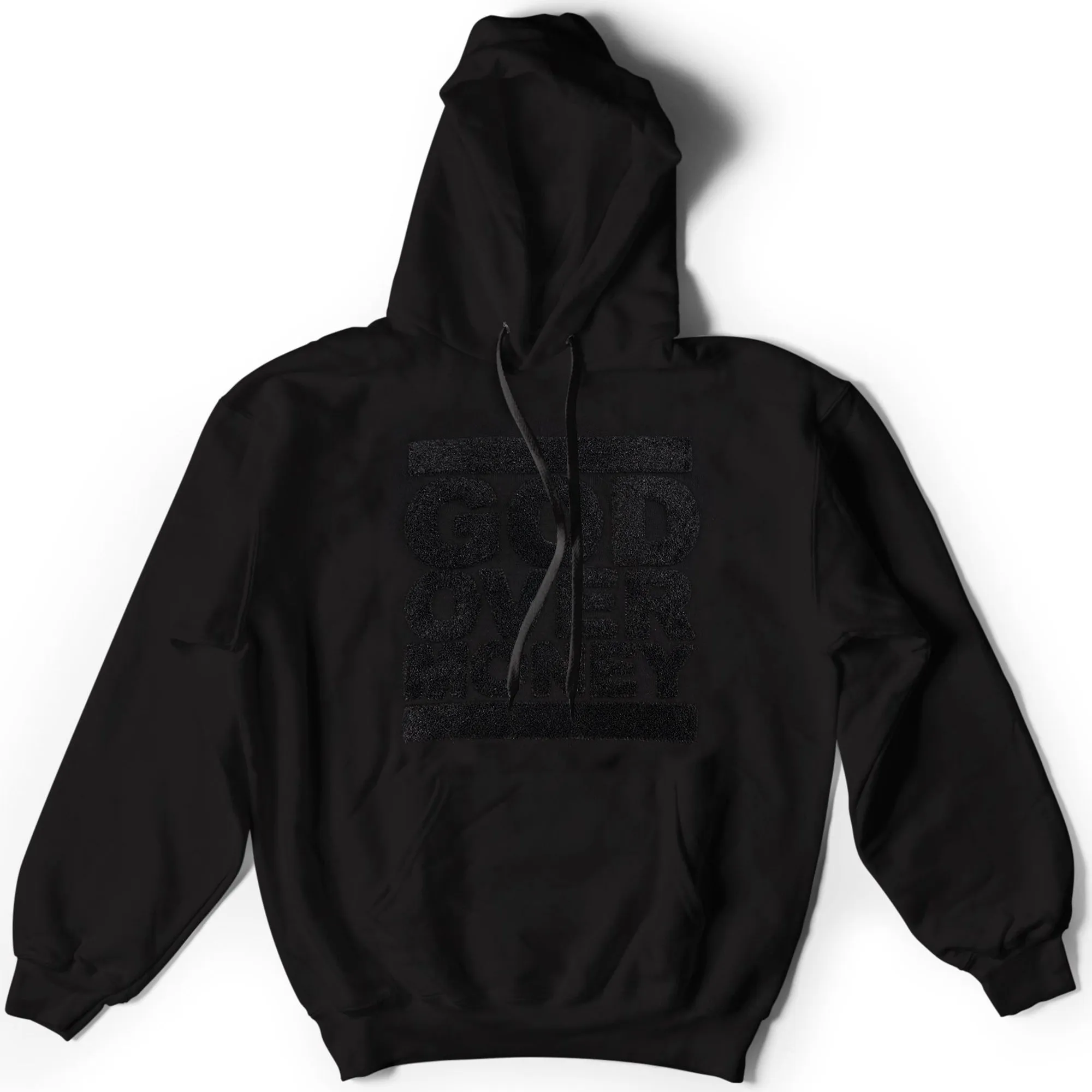 God Over Money Chenille Hoodie (Black on Black)