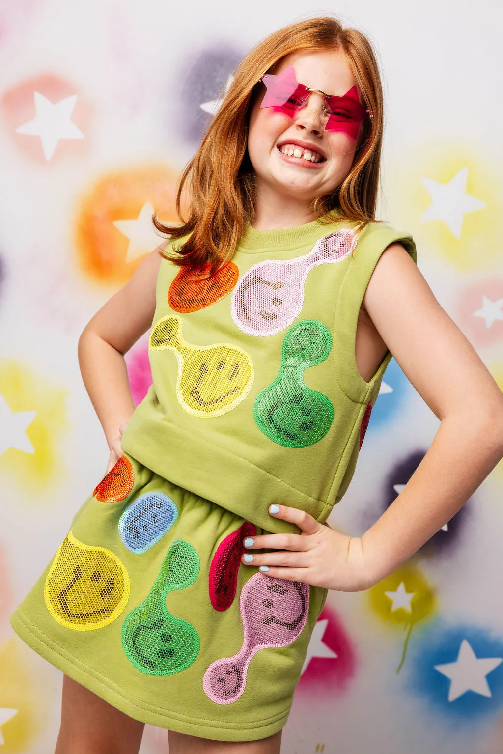 Kids Light Green Groovy Smiley Skort