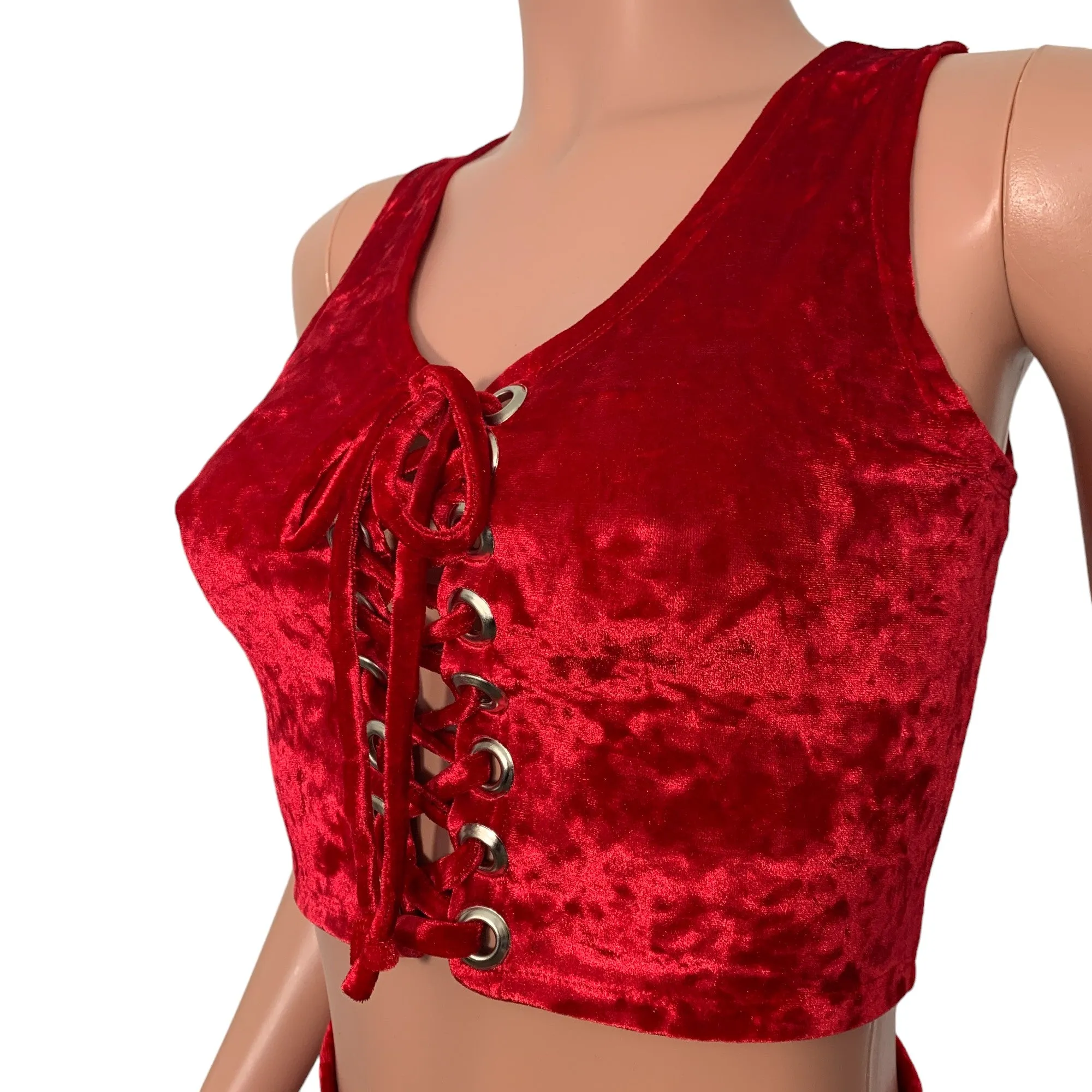 Lace-Up Crop Top - Red Crushed Velvet