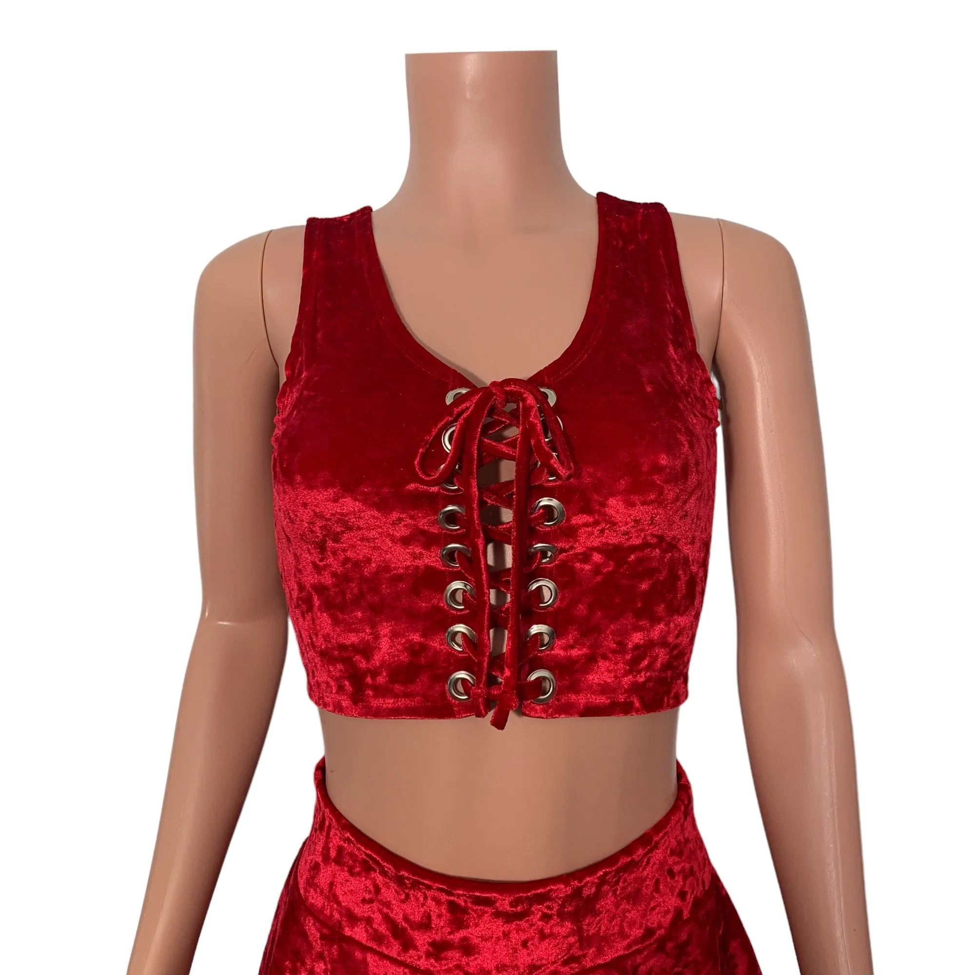 Lace-Up Crop Top - Red Crushed Velvet