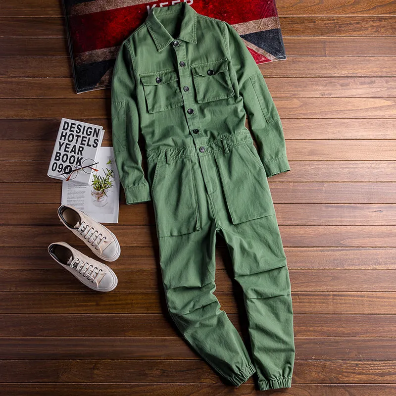 Men's Vintage Casual Long Sleeve Jumpsuits Cotton Button Down One Piece Coverall Tracksuits with Pockets