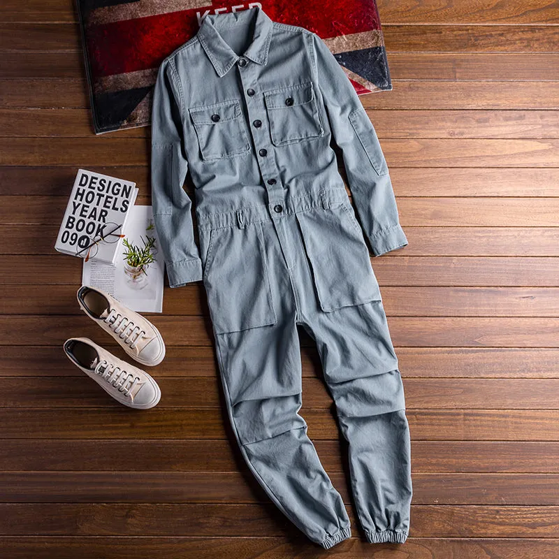 Men's Vintage Casual Long Sleeve Jumpsuits Cotton Button Down One Piece Coverall Tracksuits with Pockets