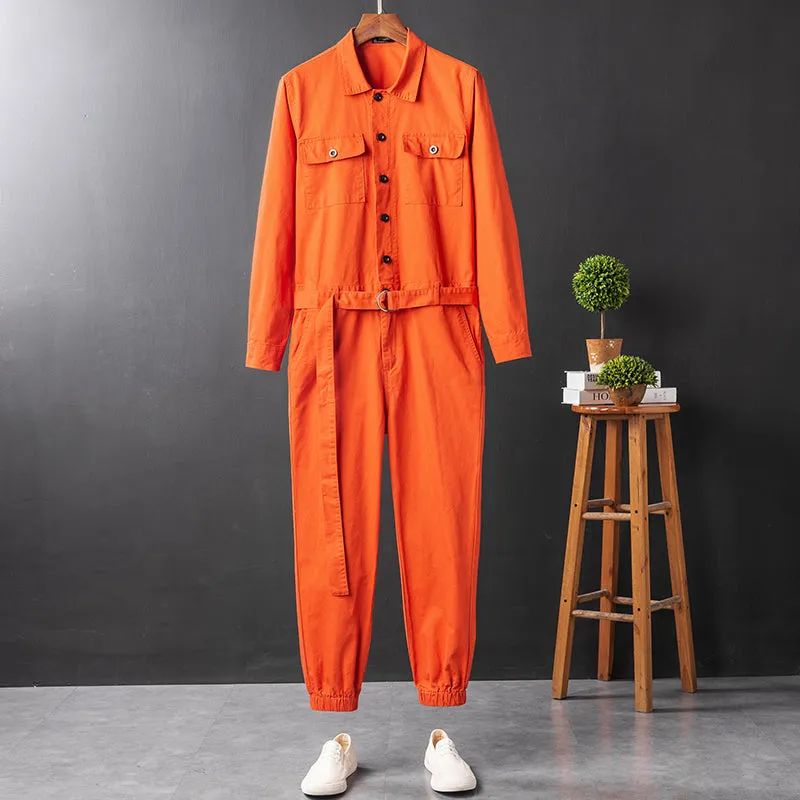 Men's Vintage Casual Long Sleeve Jumpsuits Cotton Button Down One Piece Coverall Tracksuits with Pockets