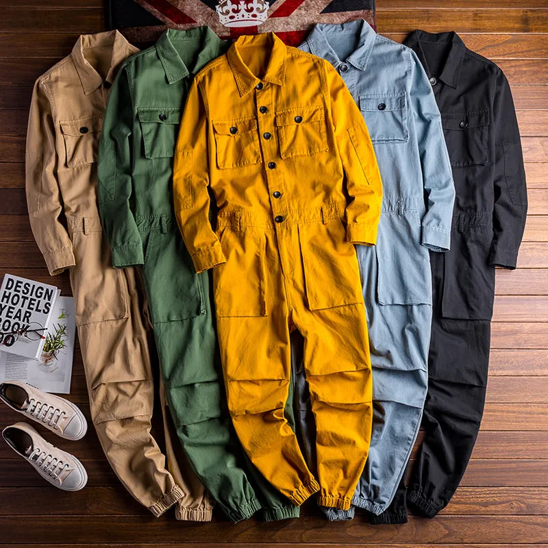 Men's Vintage Casual Long Sleeve Jumpsuits Cotton Button Down One Piece Coverall Tracksuits with Pockets