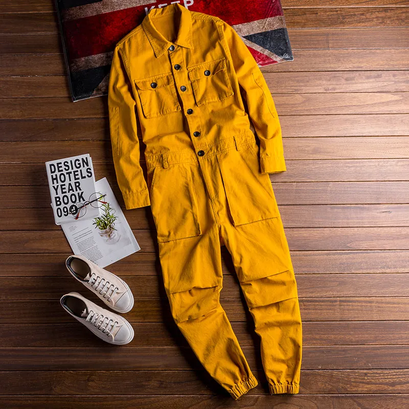 Men's Vintage Casual Long Sleeve Jumpsuits Cotton Button Down One Piece Coverall Tracksuits with Pockets