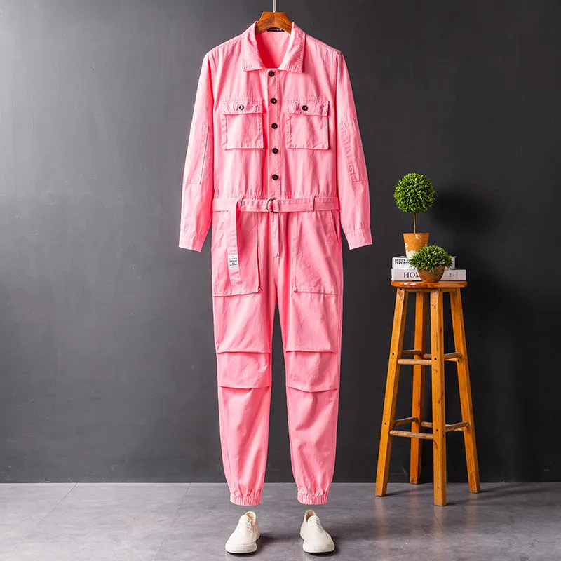 Men's Vintage Casual Long Sleeve Jumpsuits Cotton Button Down One Piece Coverall Tracksuits with Pockets