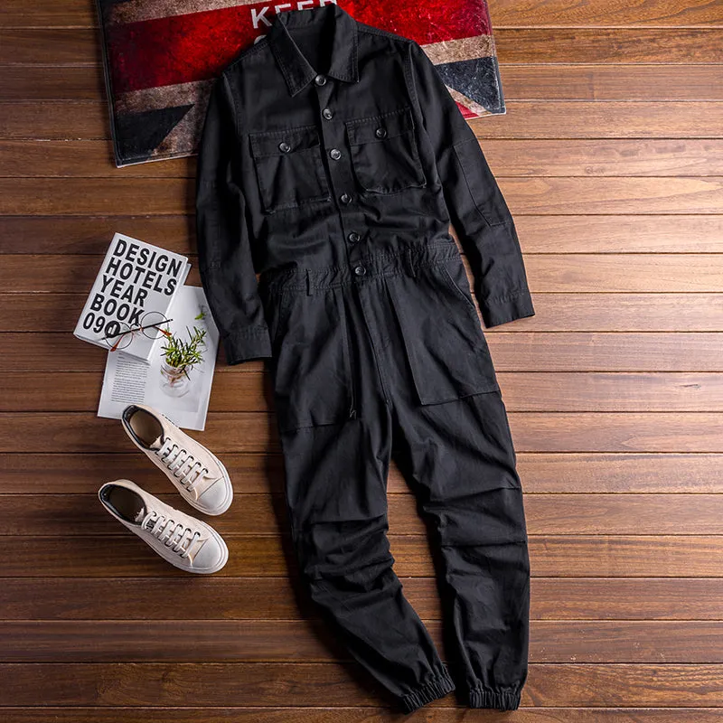 Men's Vintage Casual Long Sleeve Jumpsuits Cotton Button Down One Piece Coverall Tracksuits with Pockets