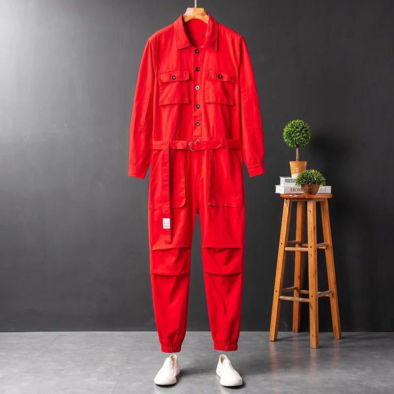 Men's Vintage Casual Long Sleeve Jumpsuits Cotton Button Down One Piece Coverall Tracksuits with Pockets