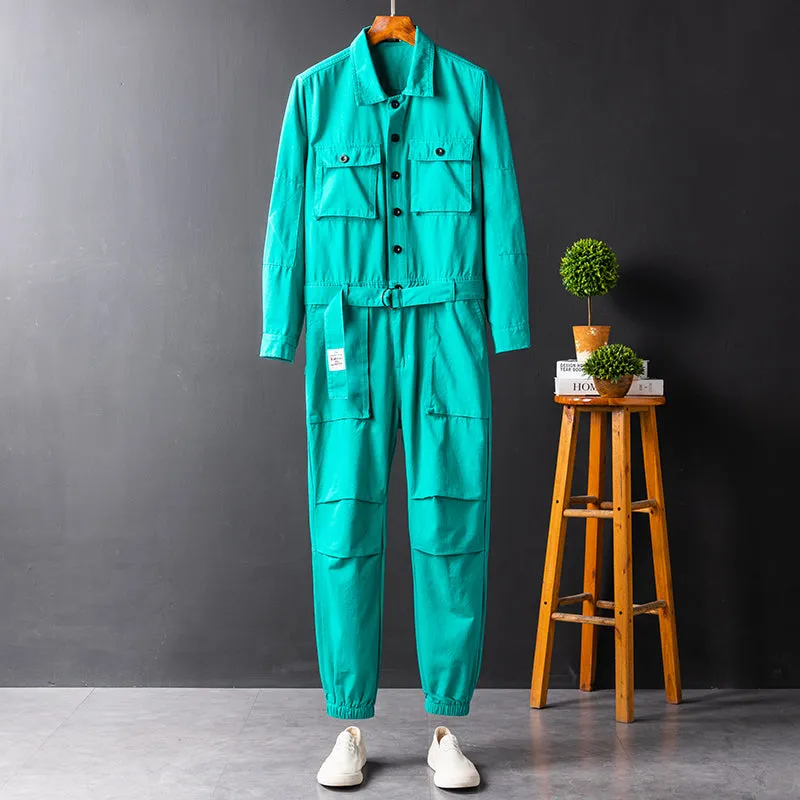 Men's Vintage Casual Long Sleeve Jumpsuits Cotton Button Down One Piece Coverall Tracksuits with Pockets