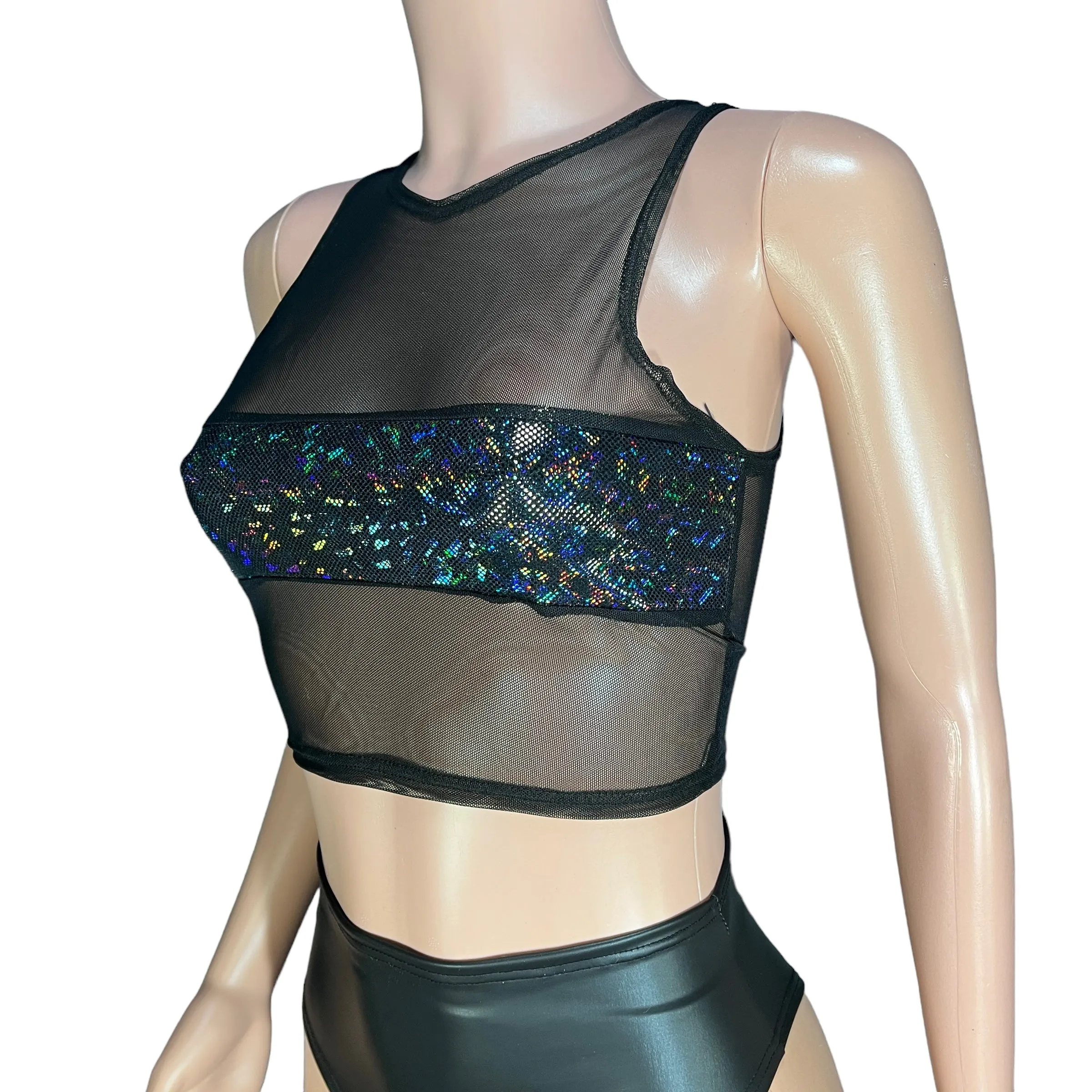 Mesh Censor Crop Tank - Black Mesh w/ Black Shattered Glass Holographic