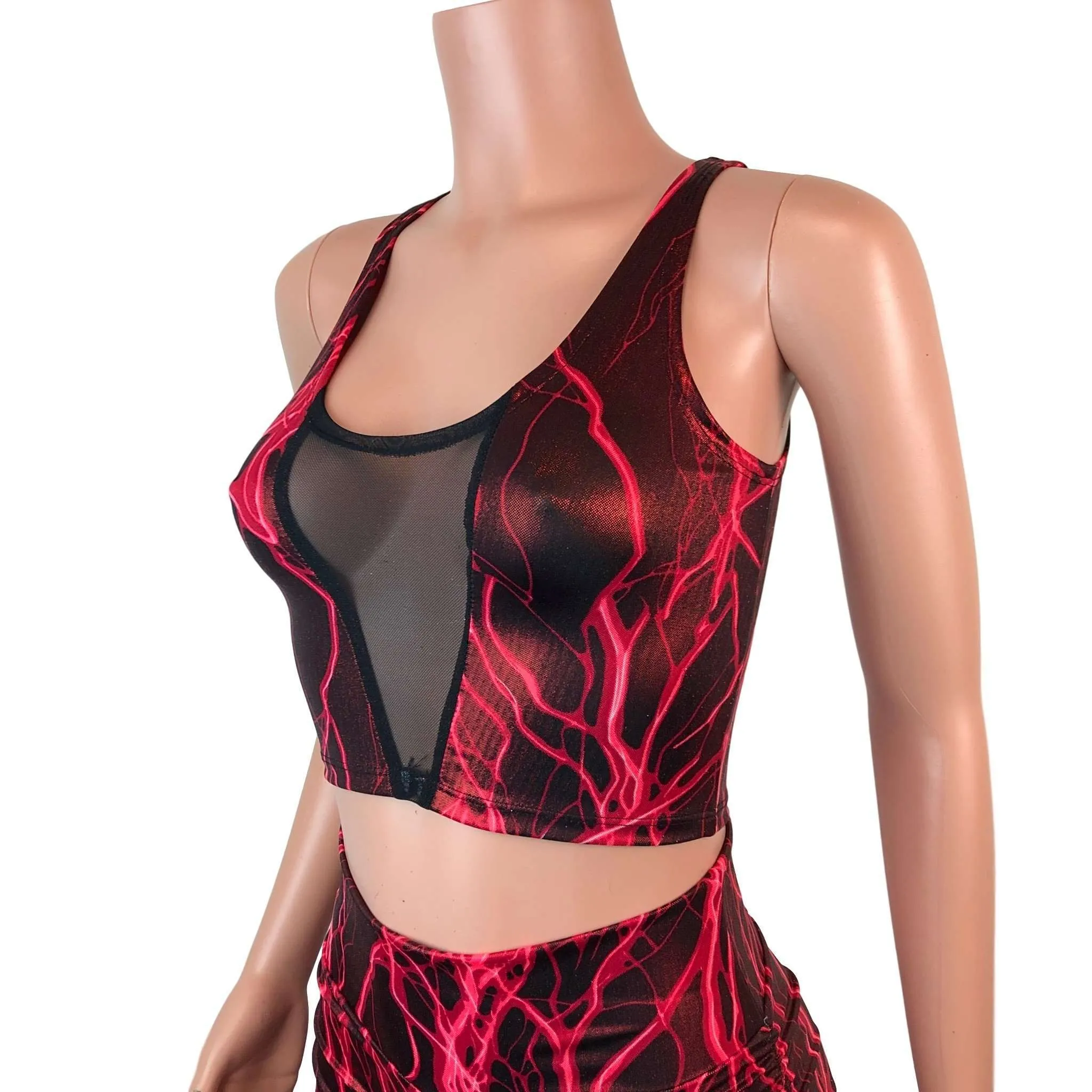 Mesh Inset Crop Tank - Red Lightning Metallic