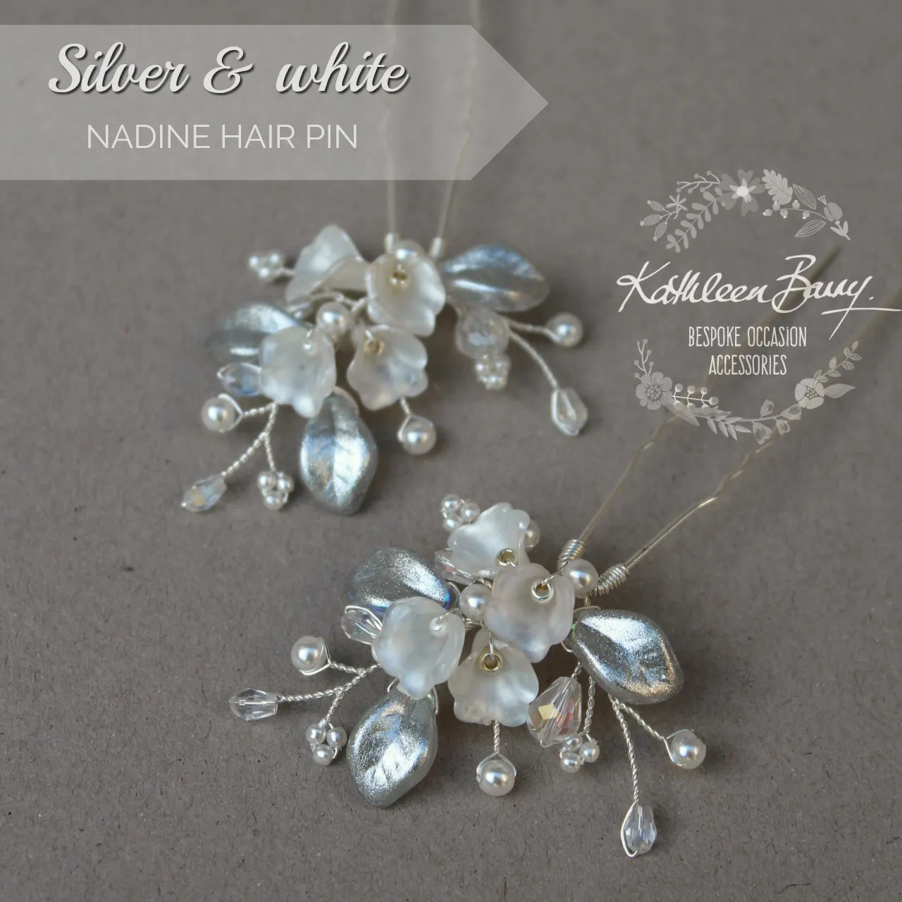 Nadine Floral leaf hair pin crystal & pearl - Rose gold, gold or silver - sold individually