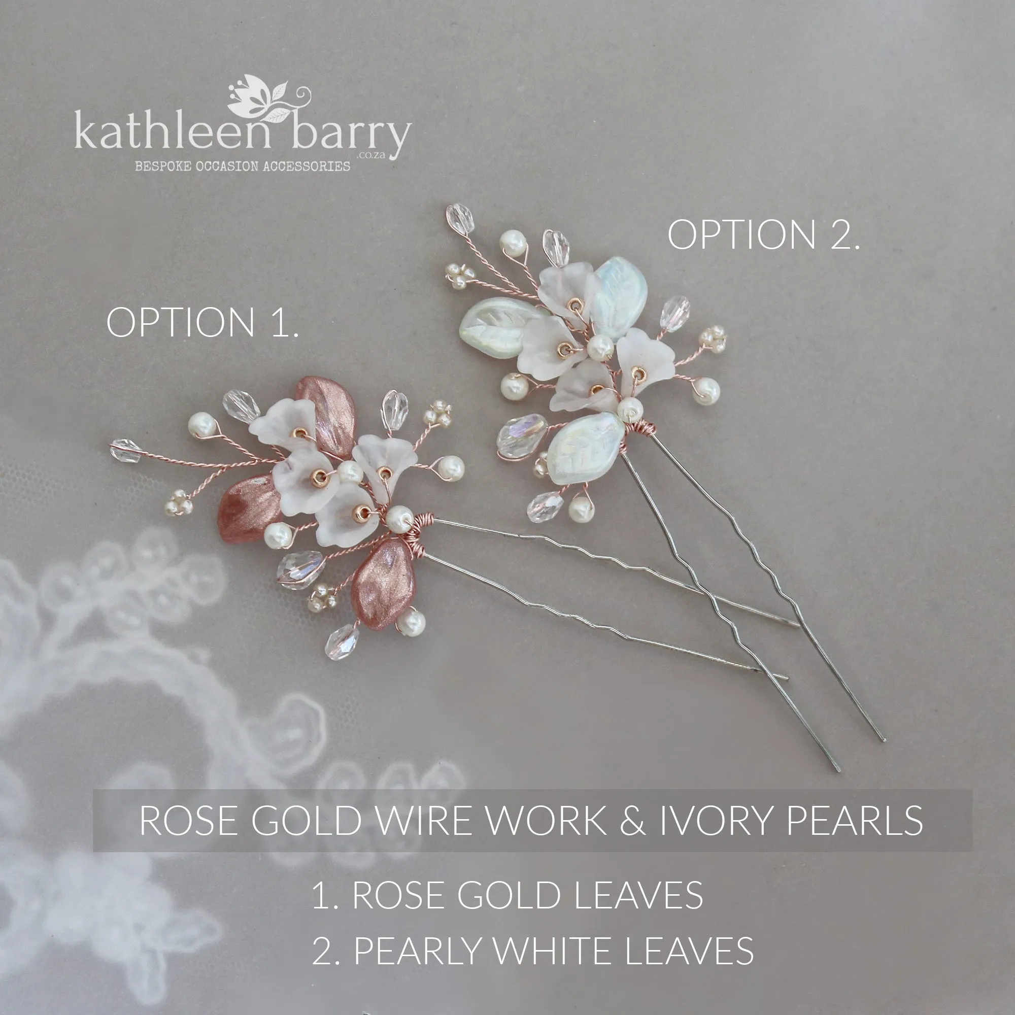 Nadine Floral leaf hair pin crystal & pearl - Rose gold, gold or silver - sold individually