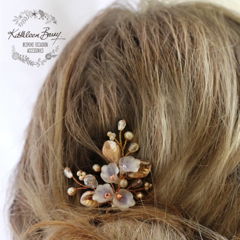 Nadine Floral leaf hair pin crystal & pearl - Rose gold, gold or silver - sold individually