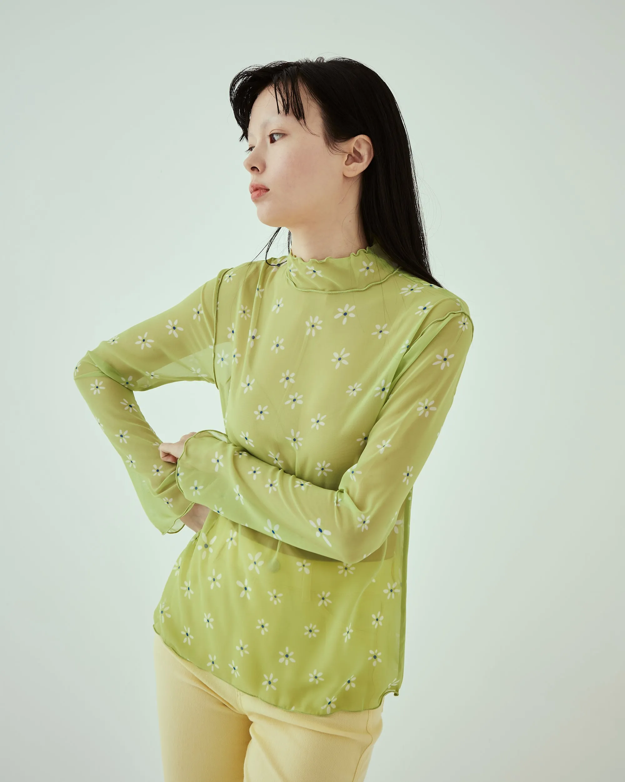 Pistachio green flower chiffon see-through tops