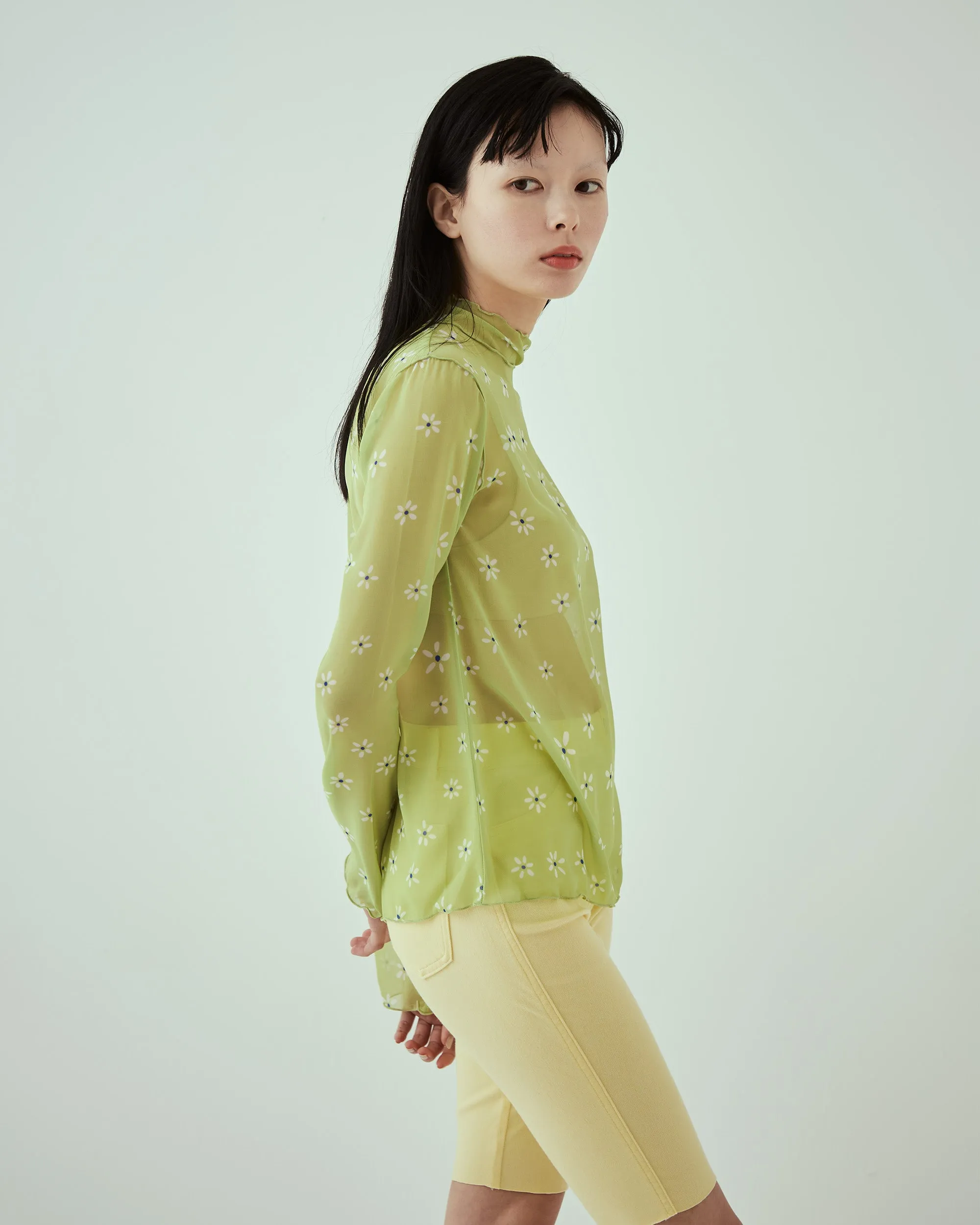 Pistachio green flower chiffon see-through tops